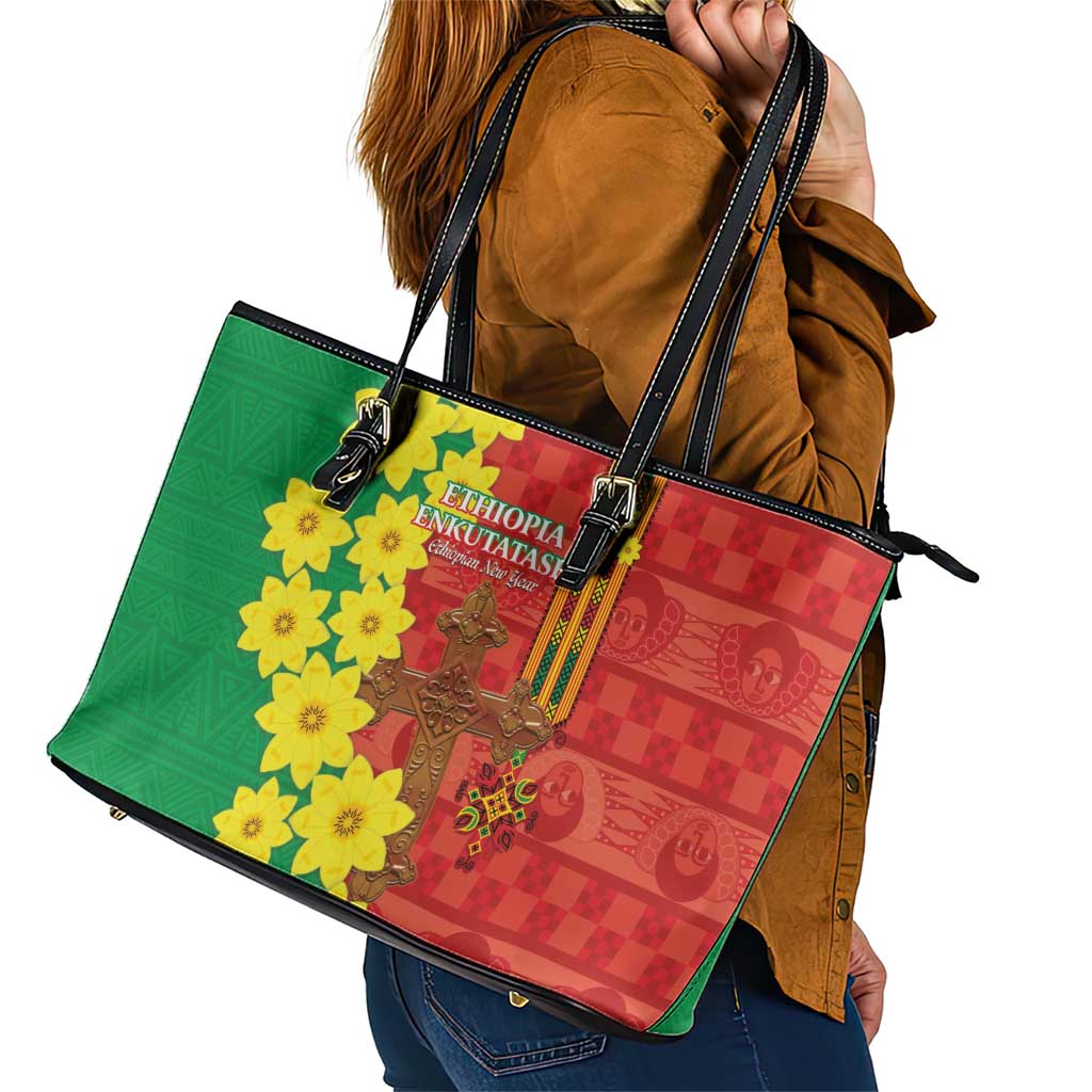 Enkutatash Ethiopia Leather Tote Bag Melkam Addis Amet Adey Abeba Flower LT14