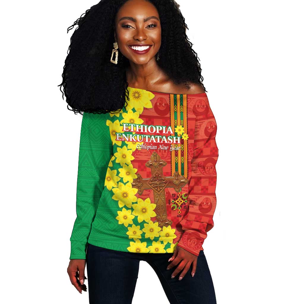 Enkutatash Ethiopia Off Shoulder Sweater Melkam Addis Amet Adey Abeba Flower LT14