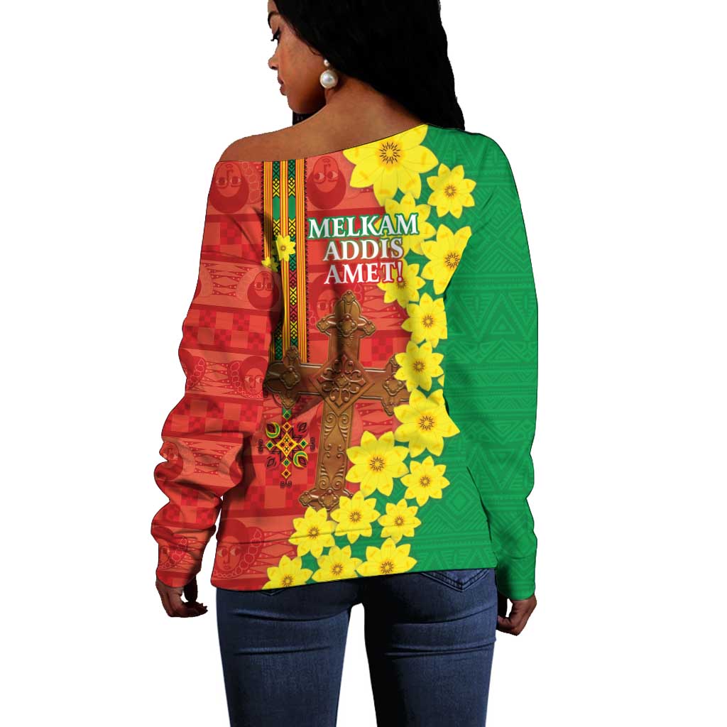 Enkutatash Ethiopia Off Shoulder Sweater Melkam Addis Amet Adey Abeba Flower LT14