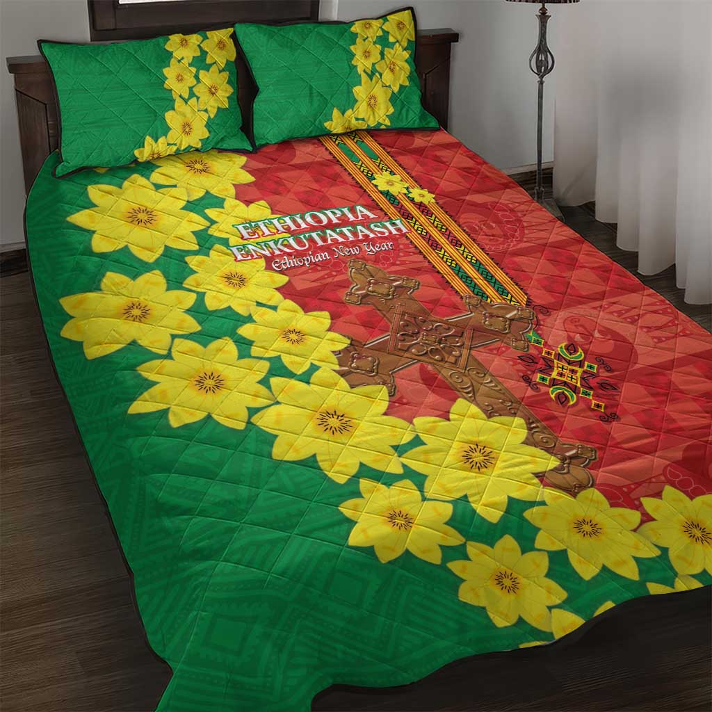 Enkutatash Ethiopia Quilt Bed Set Melkam Addis Amet Adey Abeba Flower LT14