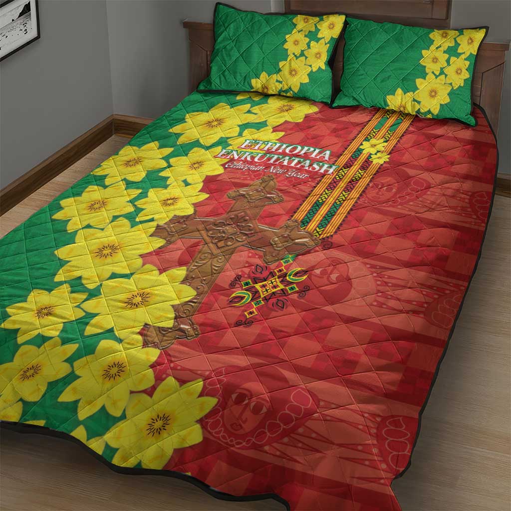 Enkutatash Ethiopia Quilt Bed Set Melkam Addis Amet Adey Abeba Flower LT14
