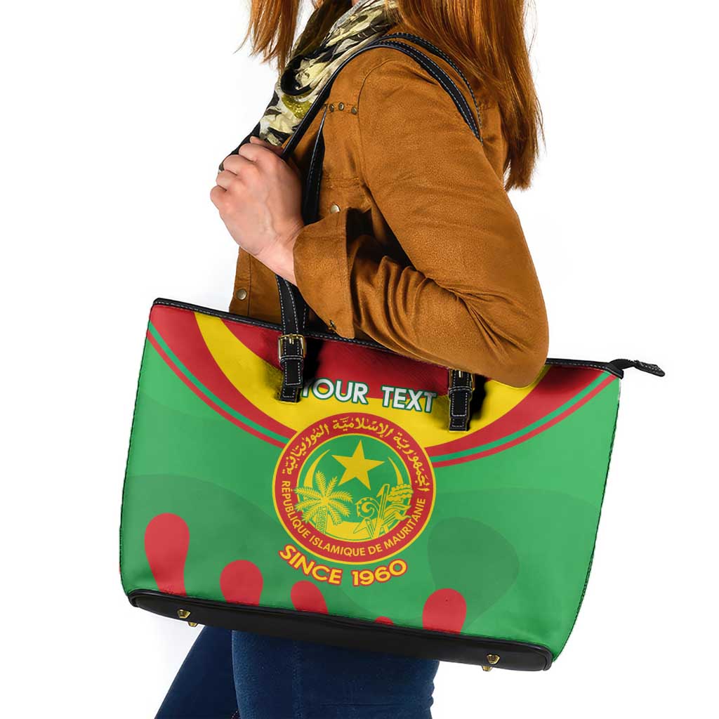 Personalised Mauritania Independence Day Leather Tote Bag Coat Of Arms With Map Flag Color LT14