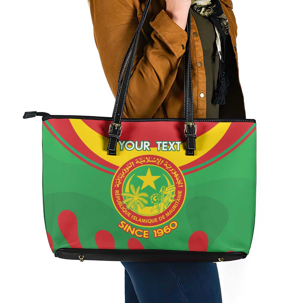 Personalised Mauritania Independence Day Leather Tote Bag Coat Of Arms With Map Flag Color LT14
