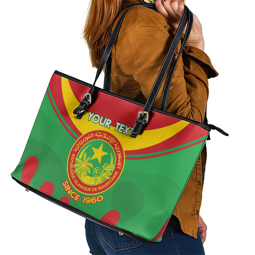 Personalised Mauritania Independence Day Leather Tote Bag Coat Of Arms With Map Flag Color LT14