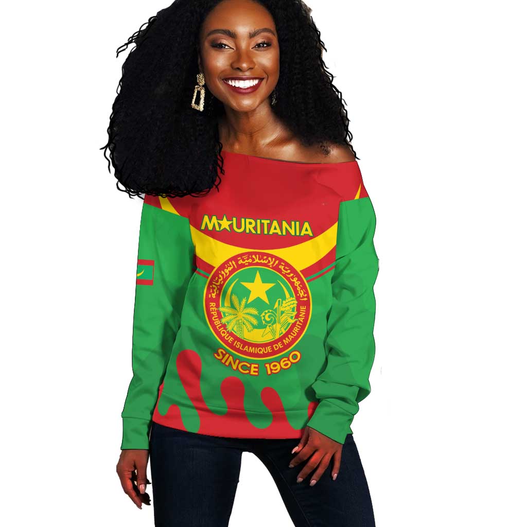 Personalized Mauritania Off Shoulder Sweater Map Flag - Independence Day 1960 LT14