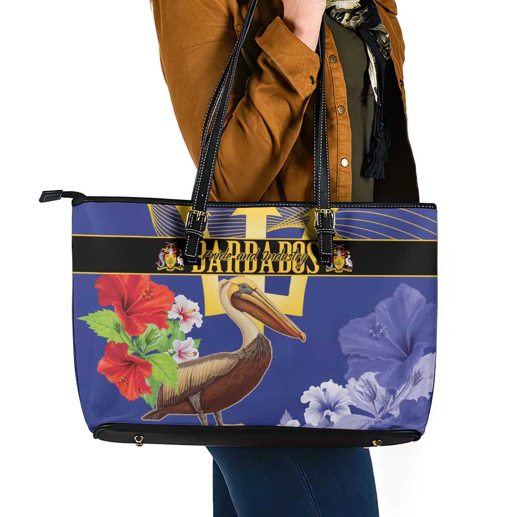 Barbados Independence Day Leather Tote Bag 30 November Brown Pelican With Trident LT14