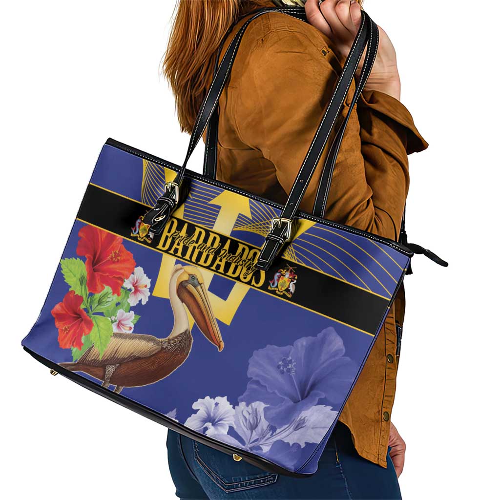 Barbados Independence Day Leather Tote Bag 30 November Brown Pelican With Trident LT14