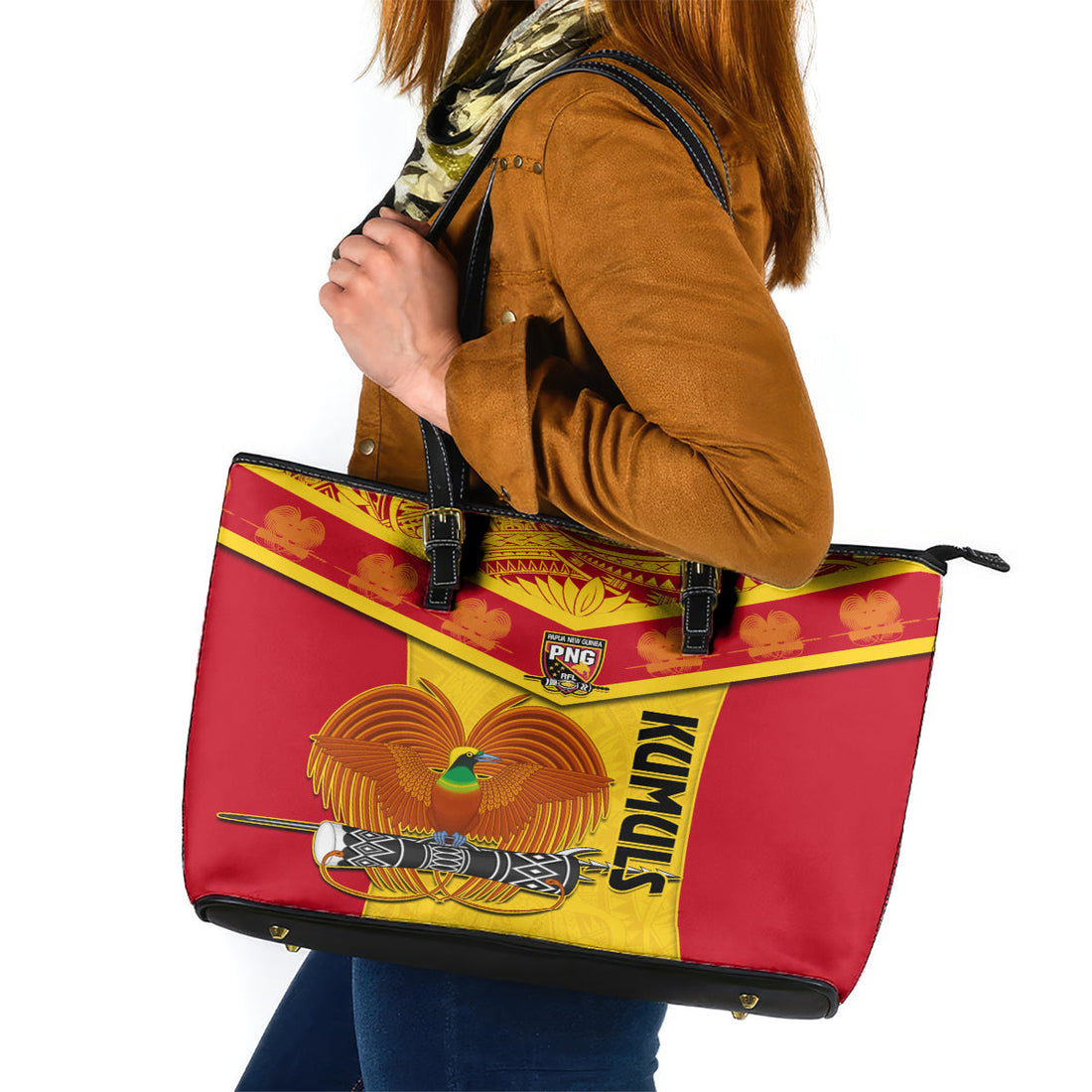 Custom Papua New Guinea Rugby Leather Tote Bag 2023 Go Kumuls Pacific Dynamic Style LT14