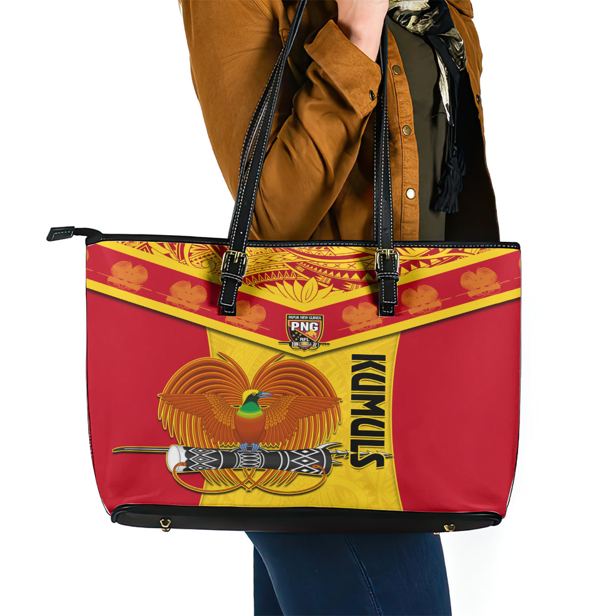 Custom Papua New Guinea Rugby Leather Tote Bag 2023 Go Kumuls Pacific Dynamic Style LT14