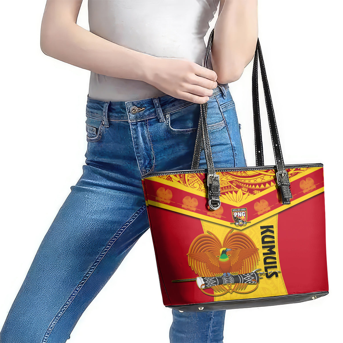 Custom Papua New Guinea Rugby Leather Tote Bag 2023 Go Kumuls Pacific Dynamic Style LT14