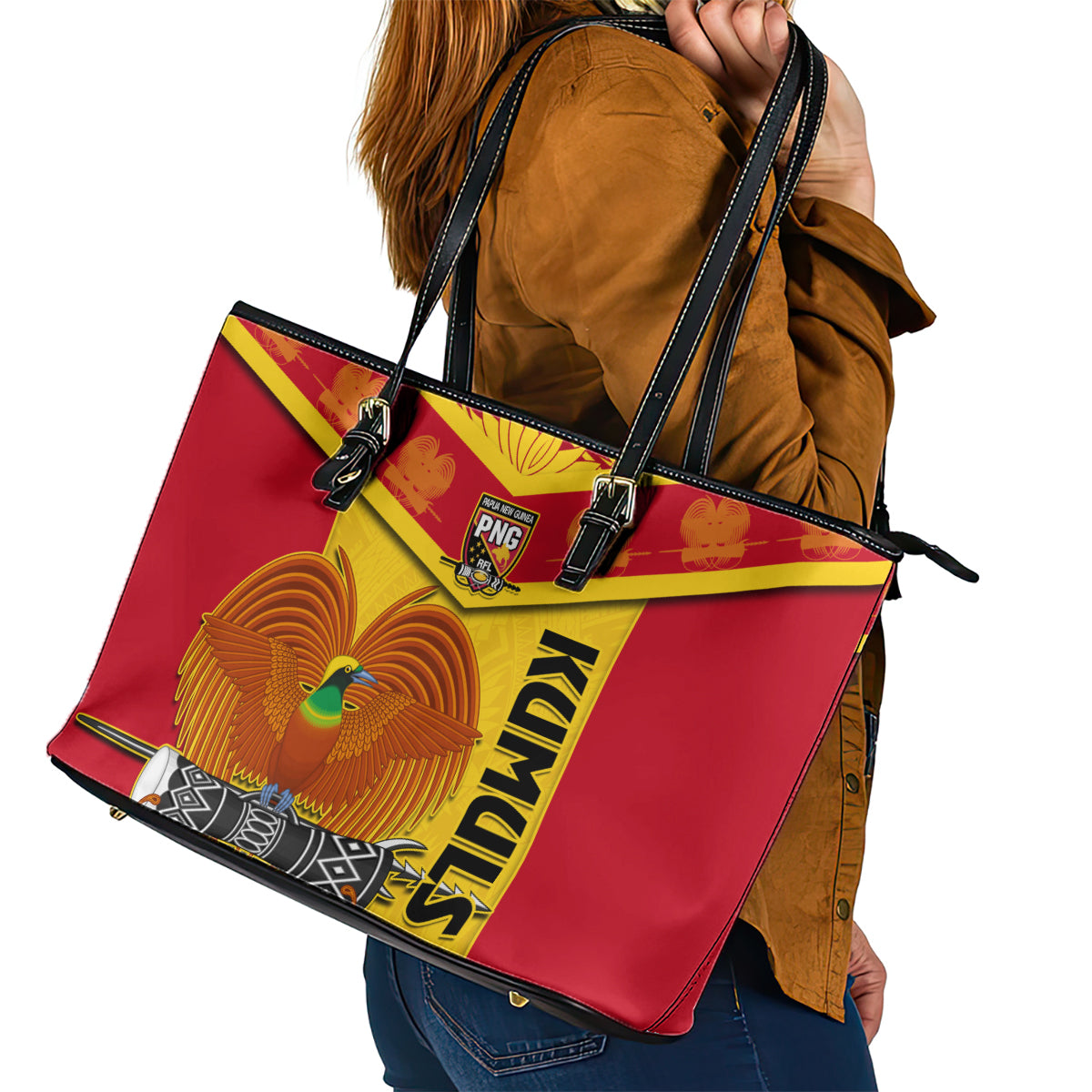 Custom Papua New Guinea Rugby Leather Tote Bag 2023 Go Kumuls Pacific Dynamic Style LT14