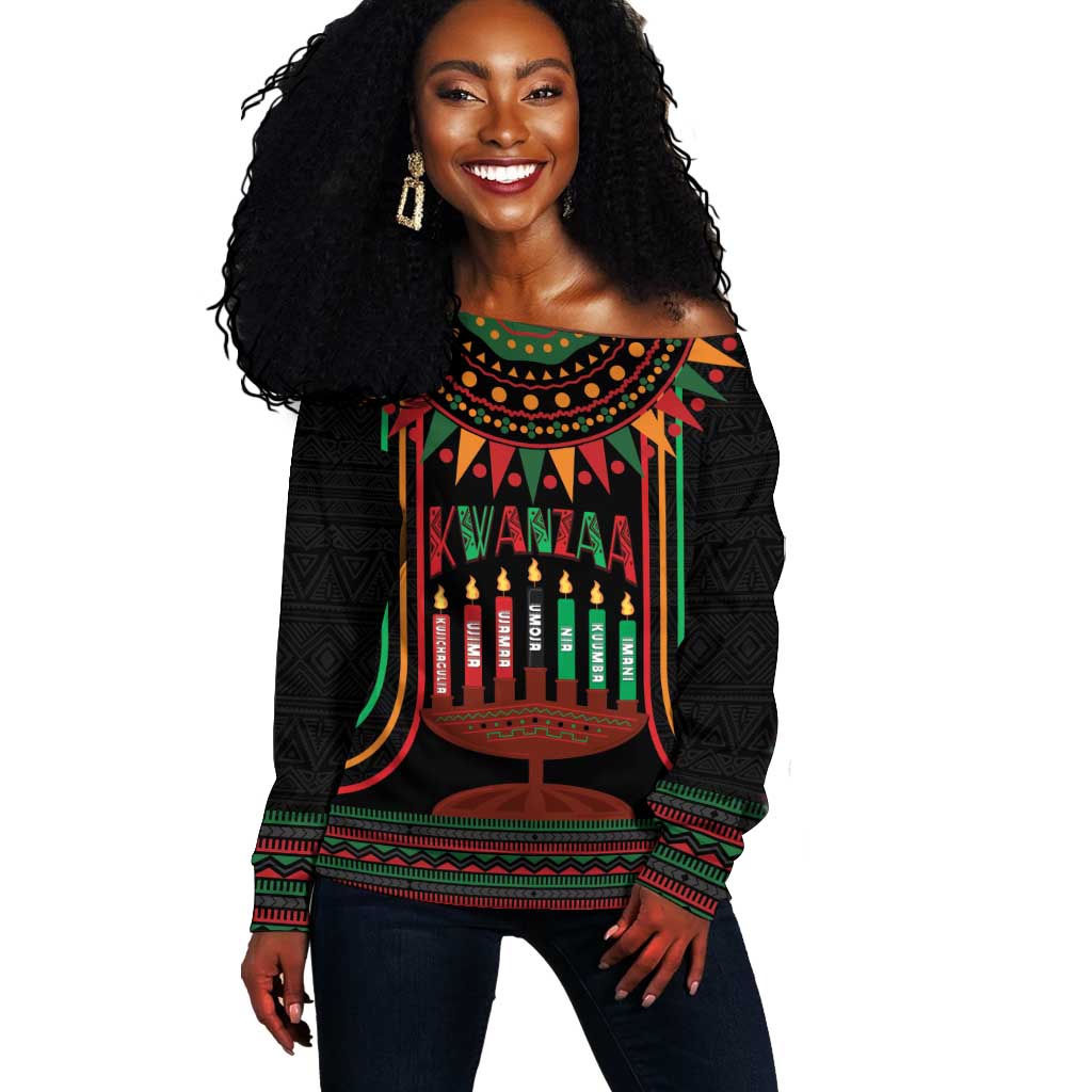 Personalized Afro-American Kwanzaa Off Shoulder Sweater Kinara Candles African Pattern LT14