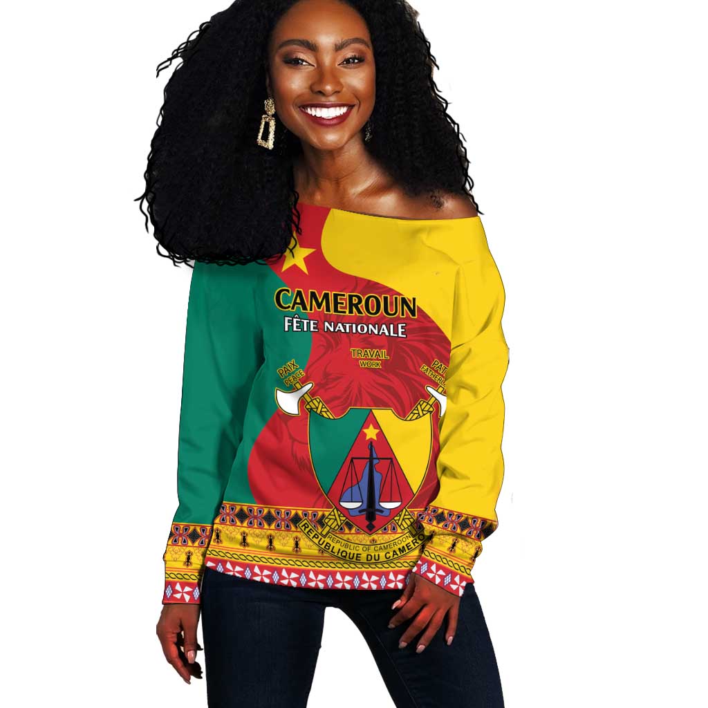 Personalised Cameroon National Day Off Shoulder Sweater Cameroun Coat Of Arms With Atoghu Pattern LT14