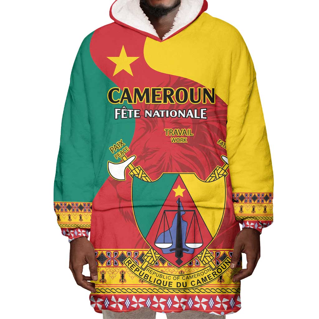 Personalised Cameroon National Day Wearable Blanket Hoodie Cameroun Coat Of Arms With Atoghu Pattern LT14