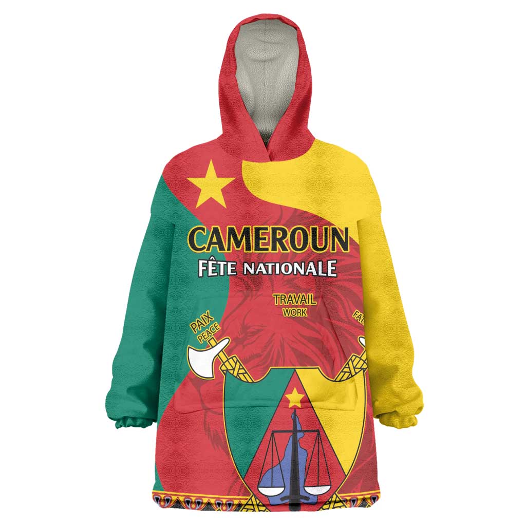 Personalised Cameroon National Day Wearable Blanket Hoodie Cameroun Coat Of Arms With Atoghu Pattern LT14