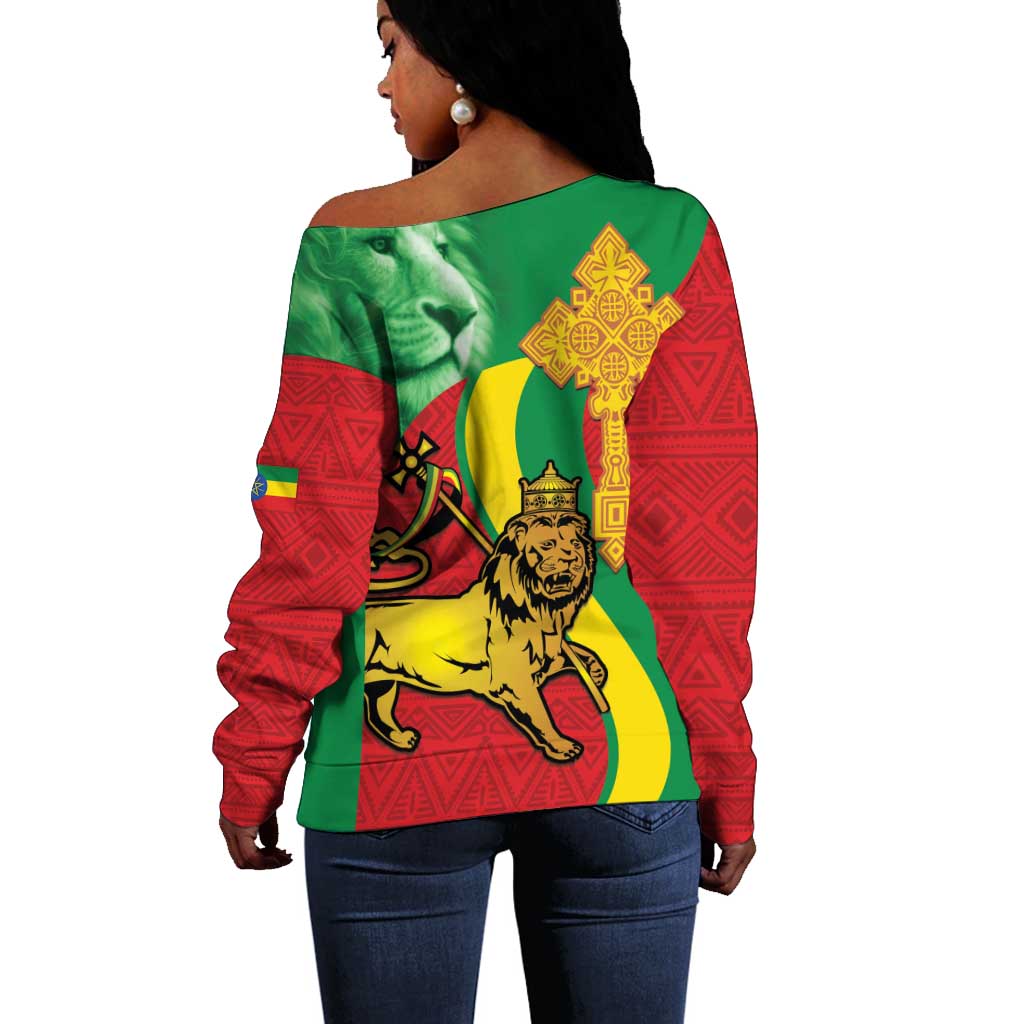 Ethiopia National Day Off Shoulder Sweater Ethiopia Lion of Judah African Pattern LT14