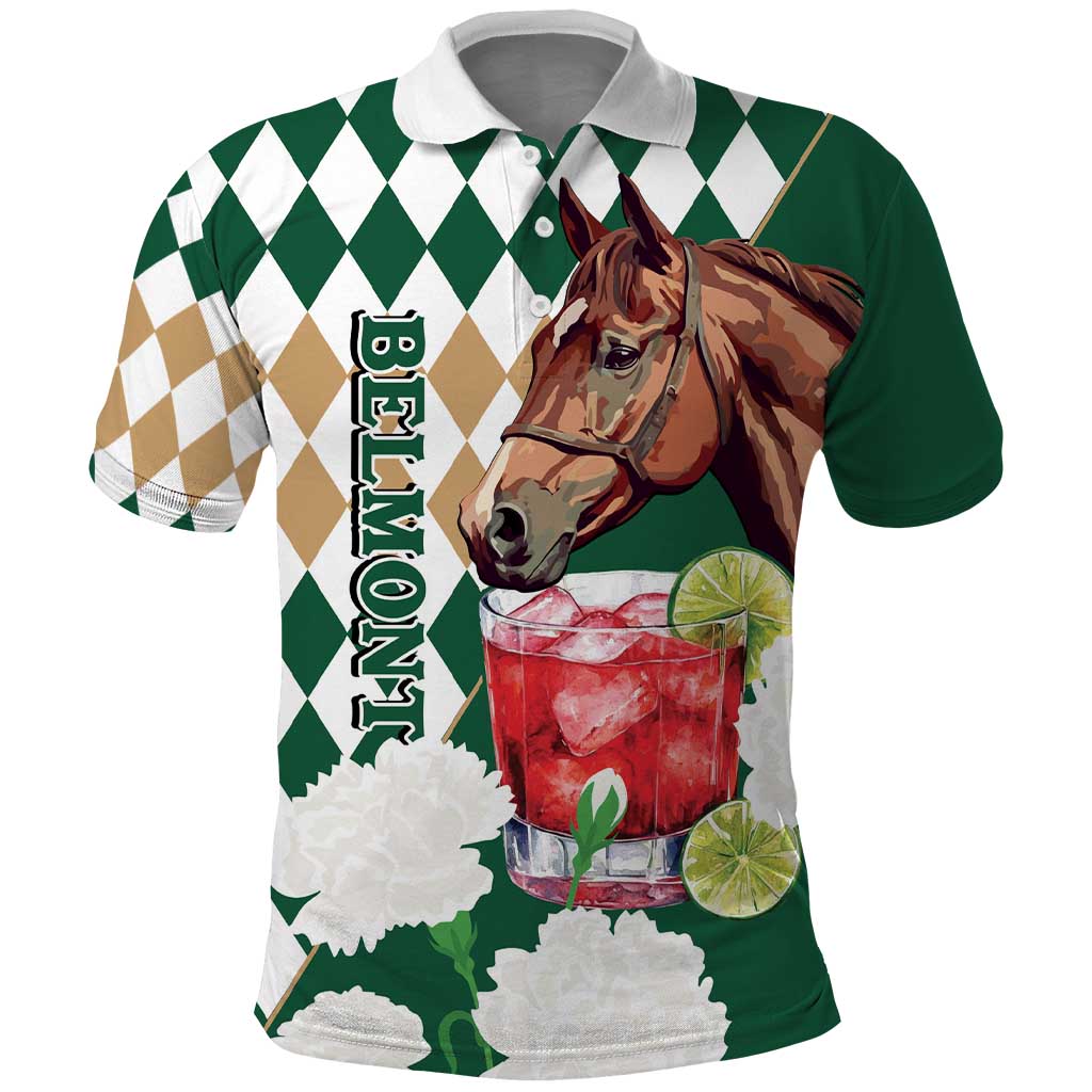 Personalized Belmont Horse Racing Polo Shirt Jewel Cocktail With White Carnations LT14