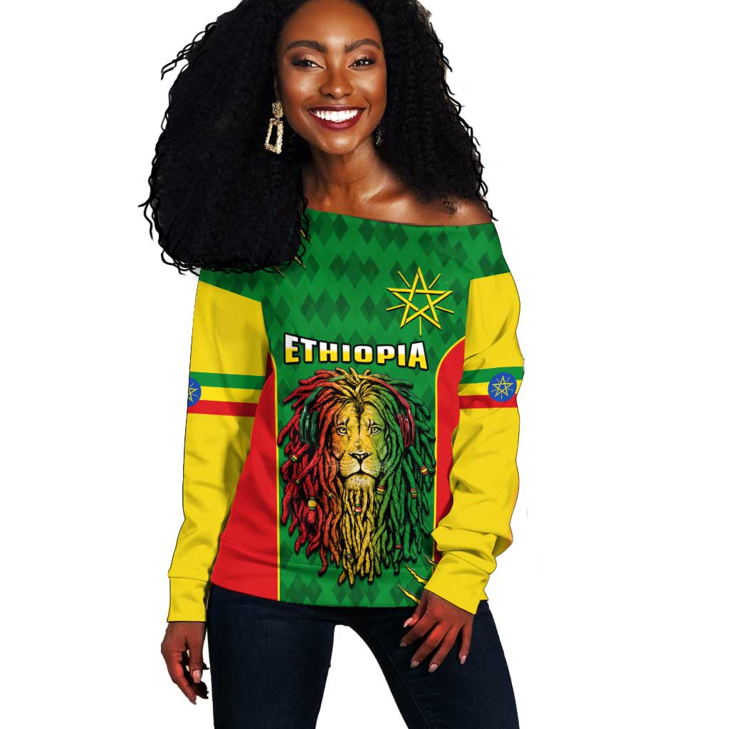 Personalised Ethiopia Off Shoulder Sweater Men's Dreadlock Rasta Lion Headphones LT14