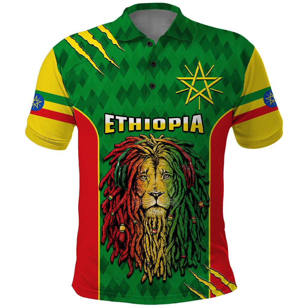 Custom Ethiopia Polo Shirt Mens Dreadlock Rasta Lion Headphones LT14