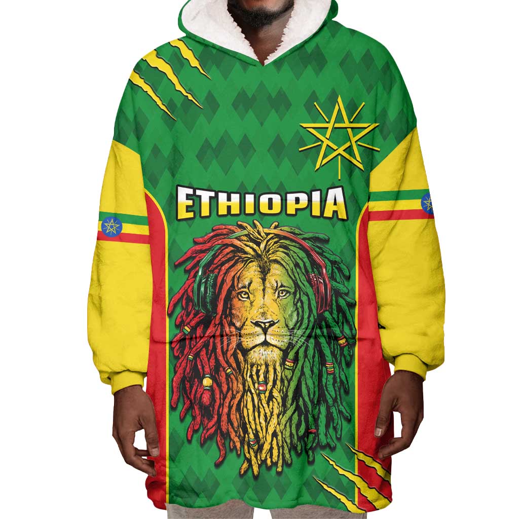 Personalised Ethiopia Wearable Blanket Hoodie Men's Dreadlock Rasta Lion Headphones LT14