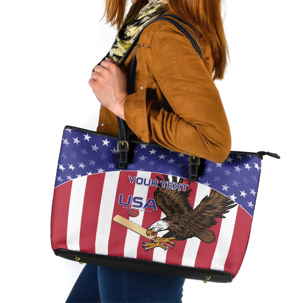 Custom USA 2024 Cricket Leather Tote Bag Go Champions Eagles LT14