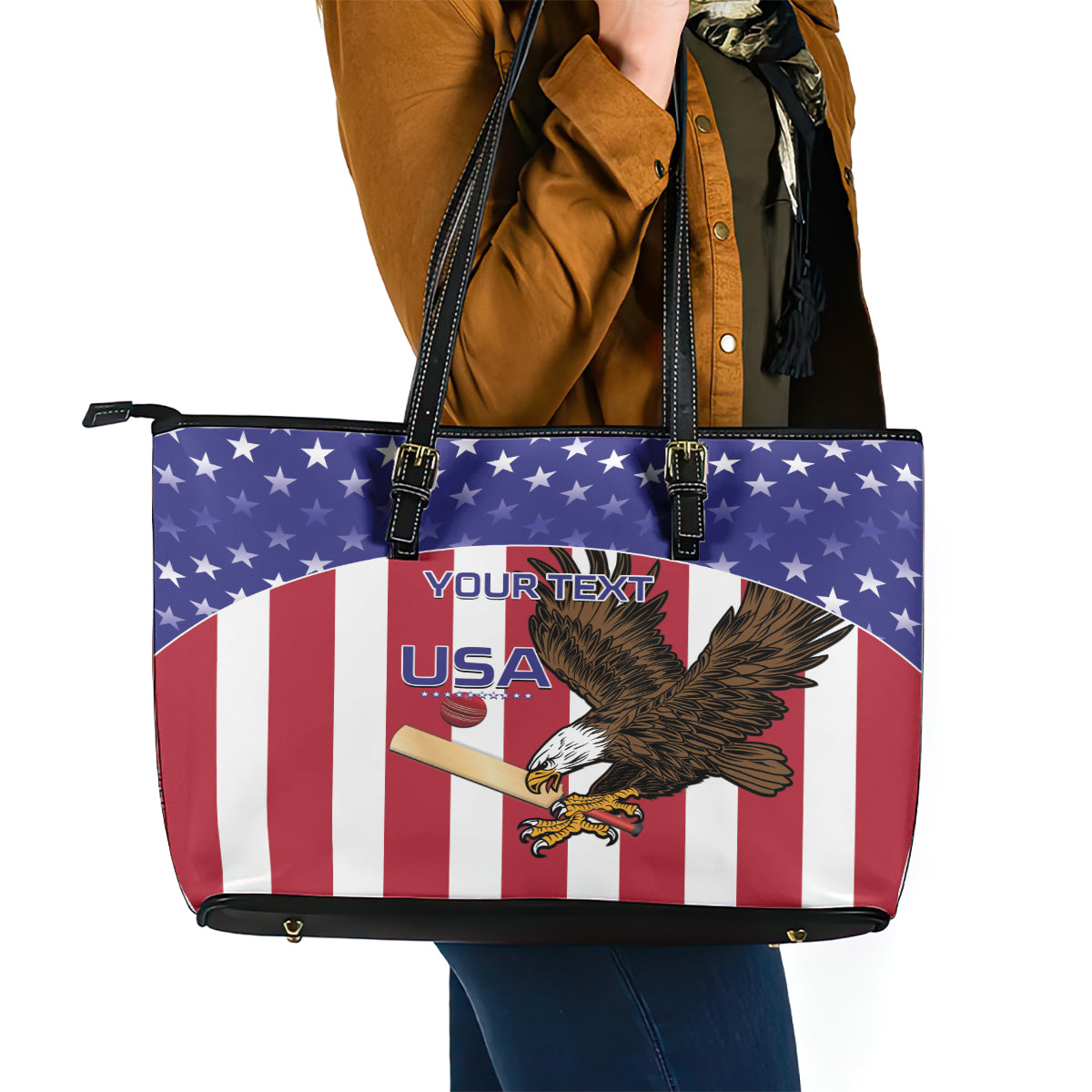 Custom USA 2024 Cricket Leather Tote Bag Go Champions Eagles LT14