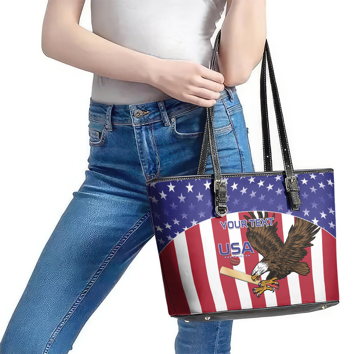 Custom USA 2024 Cricket Leather Tote Bag Go Champions Eagles LT14