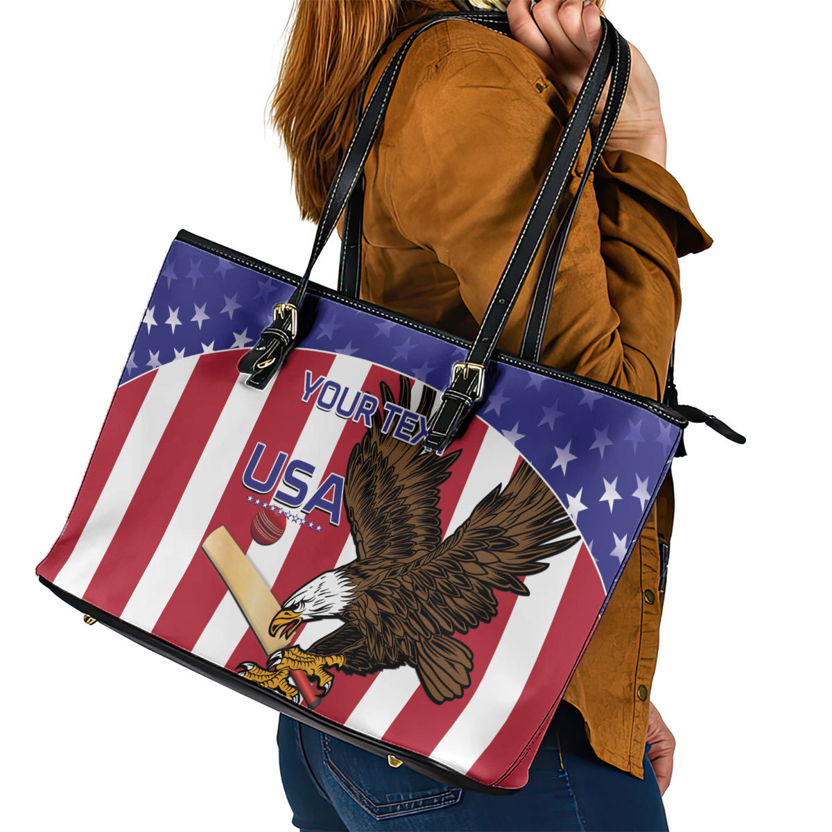 Custom USA 2024 Cricket Leather Tote Bag Go Champions Eagles LT14