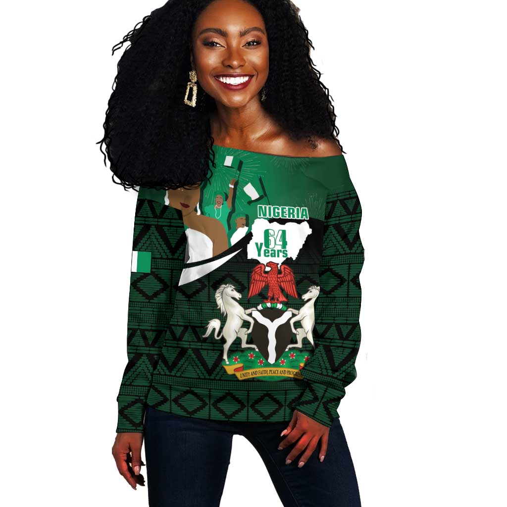 Nigeria Independence Day Off Shoulder Sweater Happy 64 Years Of Anniversary African Pattern LT14