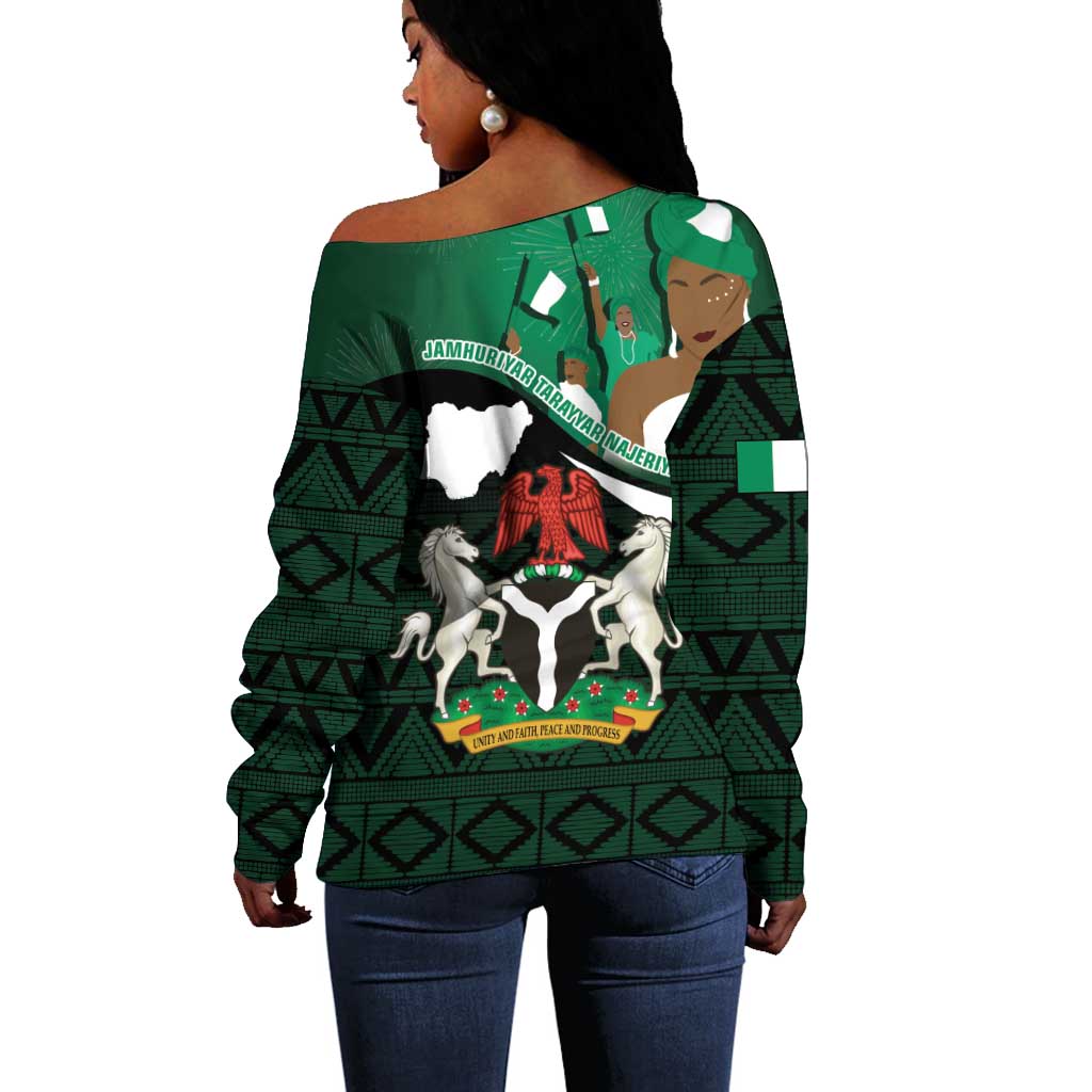Nigeria Independence Day Off Shoulder Sweater Happy 64 Years Of Anniversary African Pattern LT14