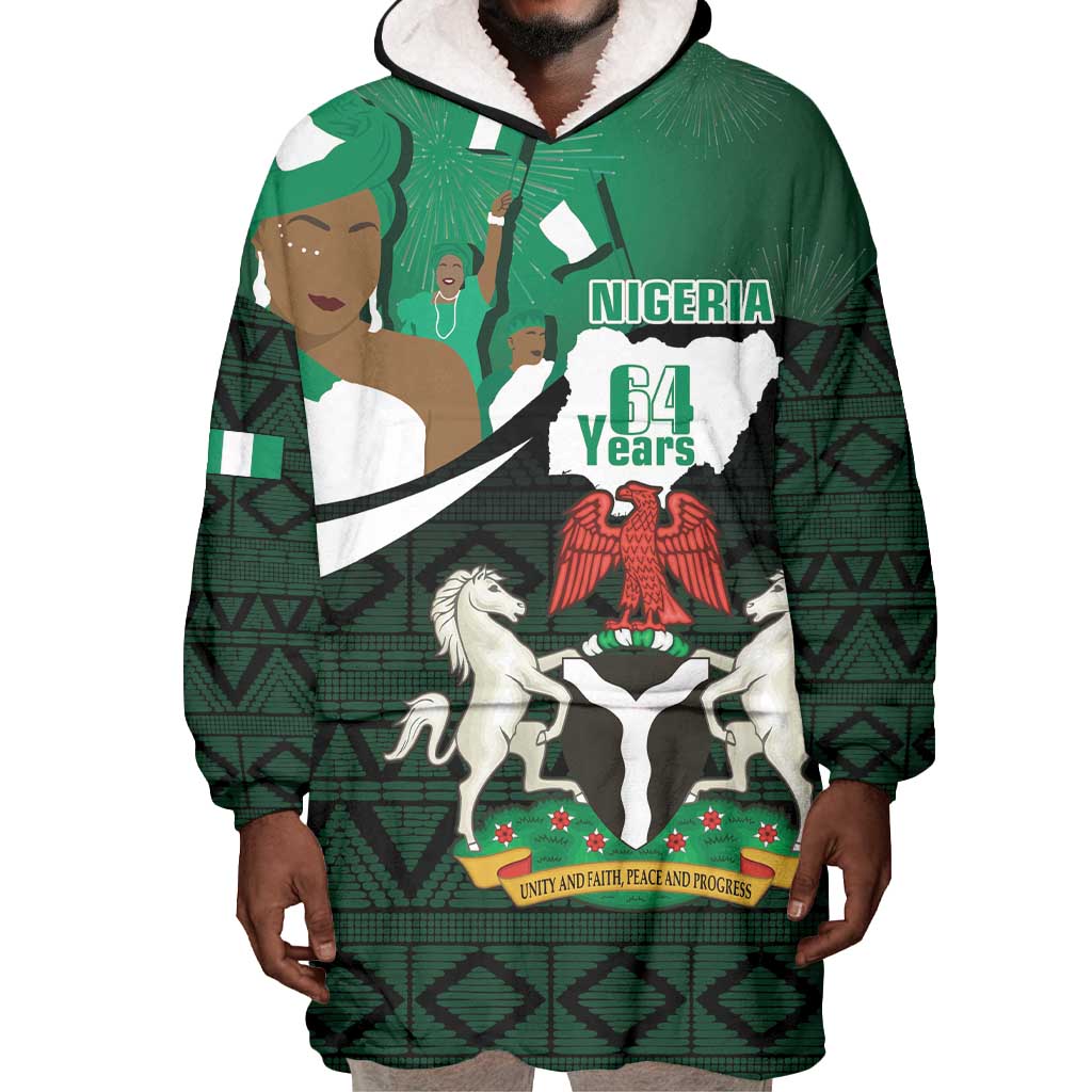 Nigeria Independence Day Wearable Blanket Hoodie Happy 64 Years Of Anniversary African Pattern LT14