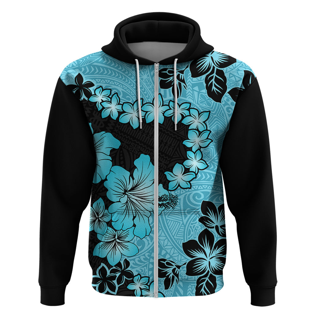 Blue Hawaii Hoodie Tapa Cloth Mix Tropical Flowers Pastel Vibes LT14
