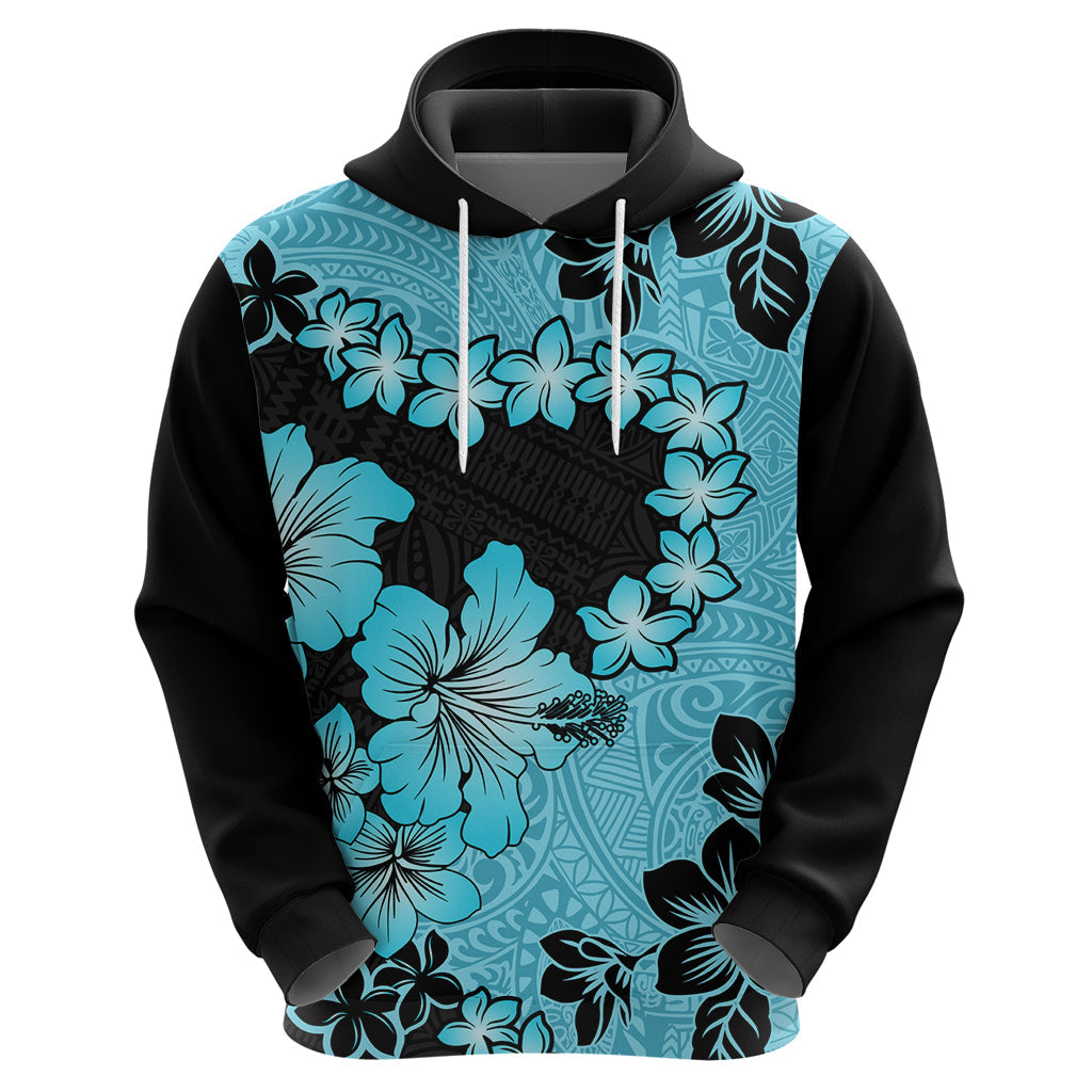 Blue Hawaii Hoodie Tapa Cloth Mix Tropical Flowers Pastel Vibes LT14