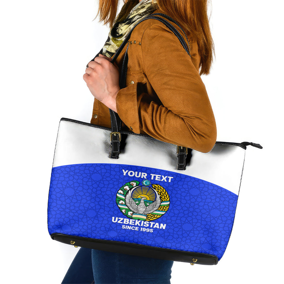 Custom Uzbekistan Football Leather Tote Bag 2024 Go Champions Uzbek Pattern LT14