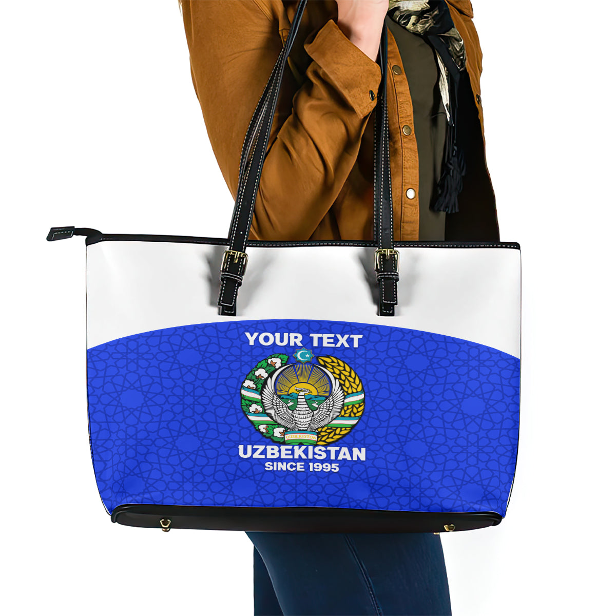 Custom Uzbekistan Football Leather Tote Bag 2024 Go Champions Uzbek Pattern LT14