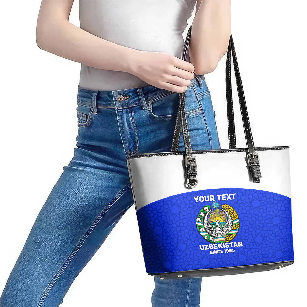 Custom Uzbekistan Football Leather Tote Bag 2024 Go Champions Uzbek Pattern LT14