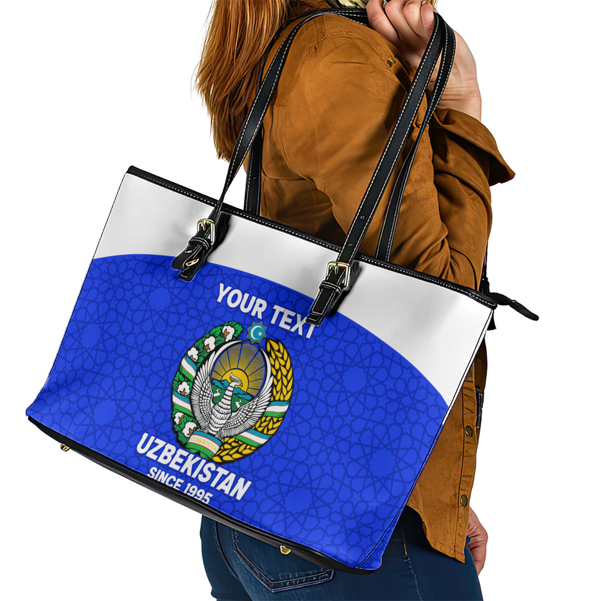 Custom Uzbekistan Football Leather Tote Bag 2024 Go Champions Uzbek Pattern LT14
