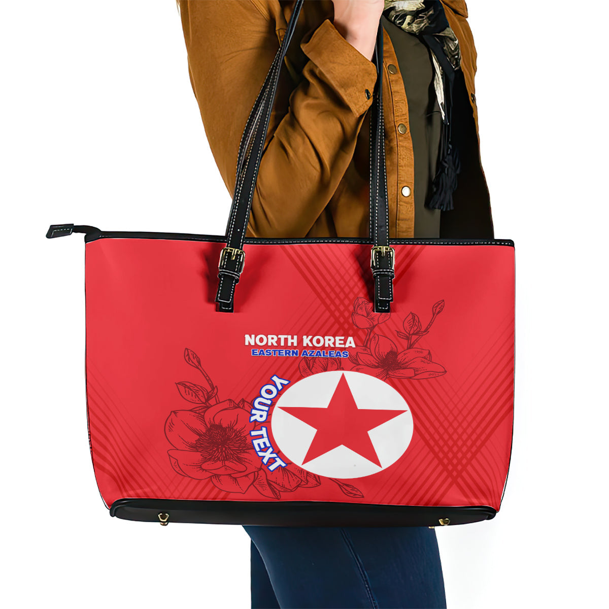 Custom North Korea Football Leather Tote Bag 2024 Go Eastern Azaleas Magnolia Flowers LT14