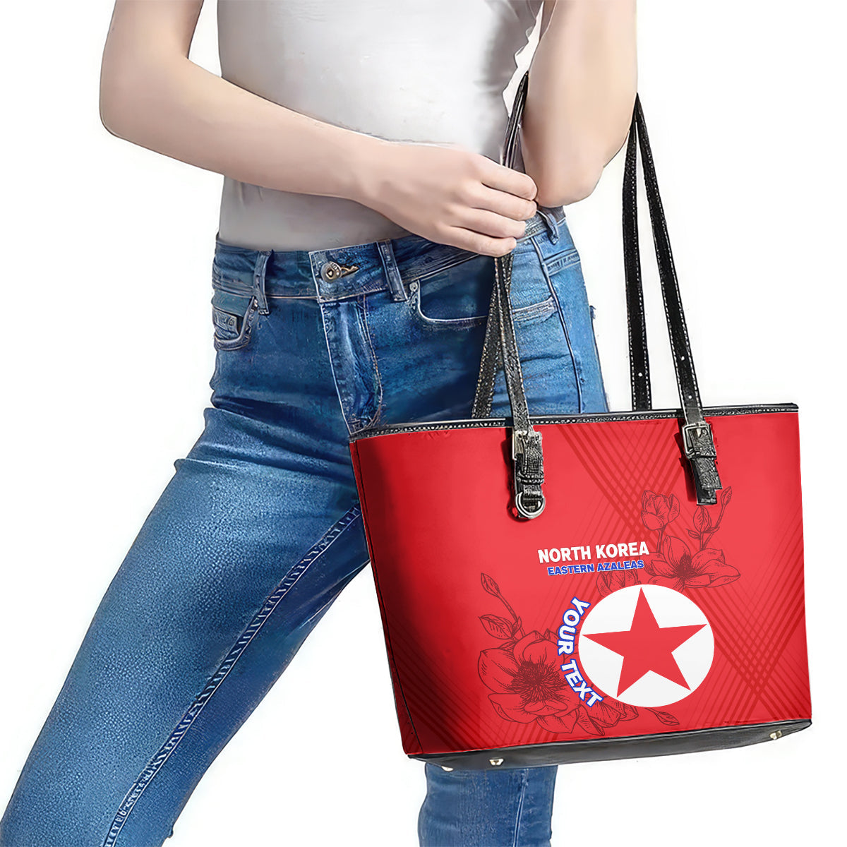 Custom North Korea Football Leather Tote Bag 2024 Go Eastern Azaleas Magnolia Flowers LT14