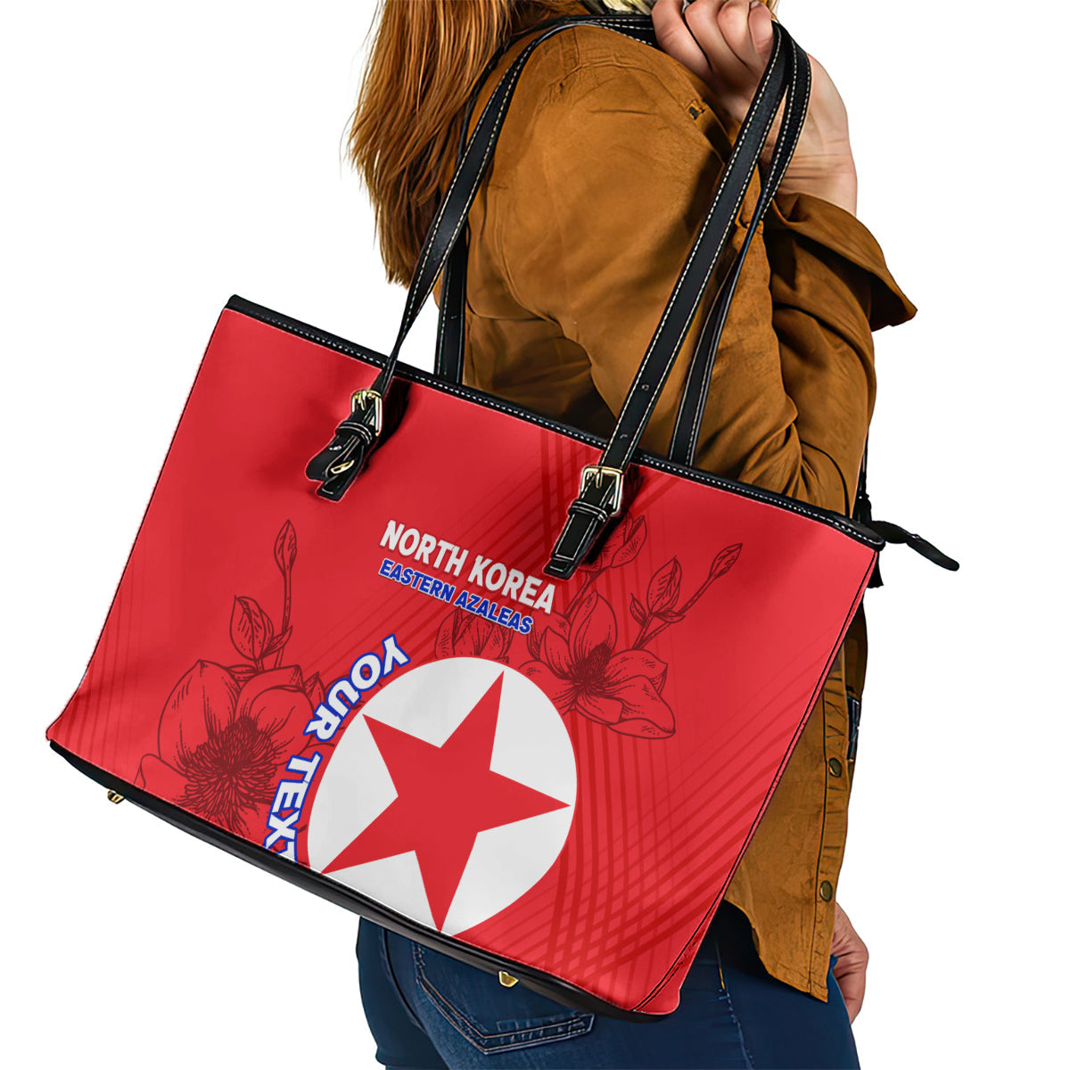 Custom North Korea Football Leather Tote Bag 2024 Go Eastern Azaleas Magnolia Flowers LT14