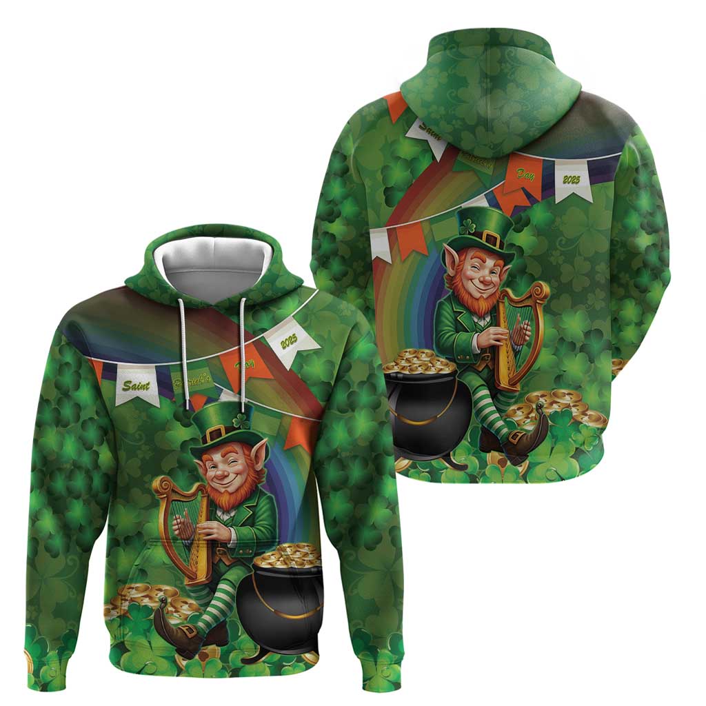 Happy Saint Patrick's Day Hoodie Leprechaun With Irish Harp - Shamrock Pattern LT14