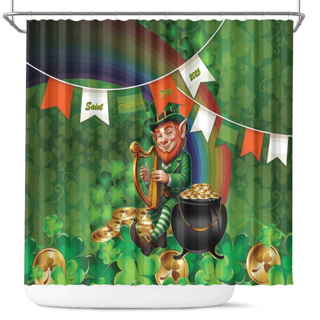 Happy Saint Patrick's Day Shower Curtain Leprechaun With Irish Harp - Shamrock Pattern LT14