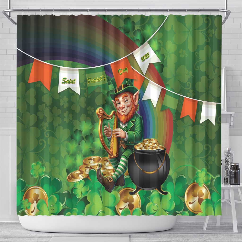 Happy Saint Patrick's Day Shower Curtain Leprechaun With Irish Harp - Shamrock Pattern LT14