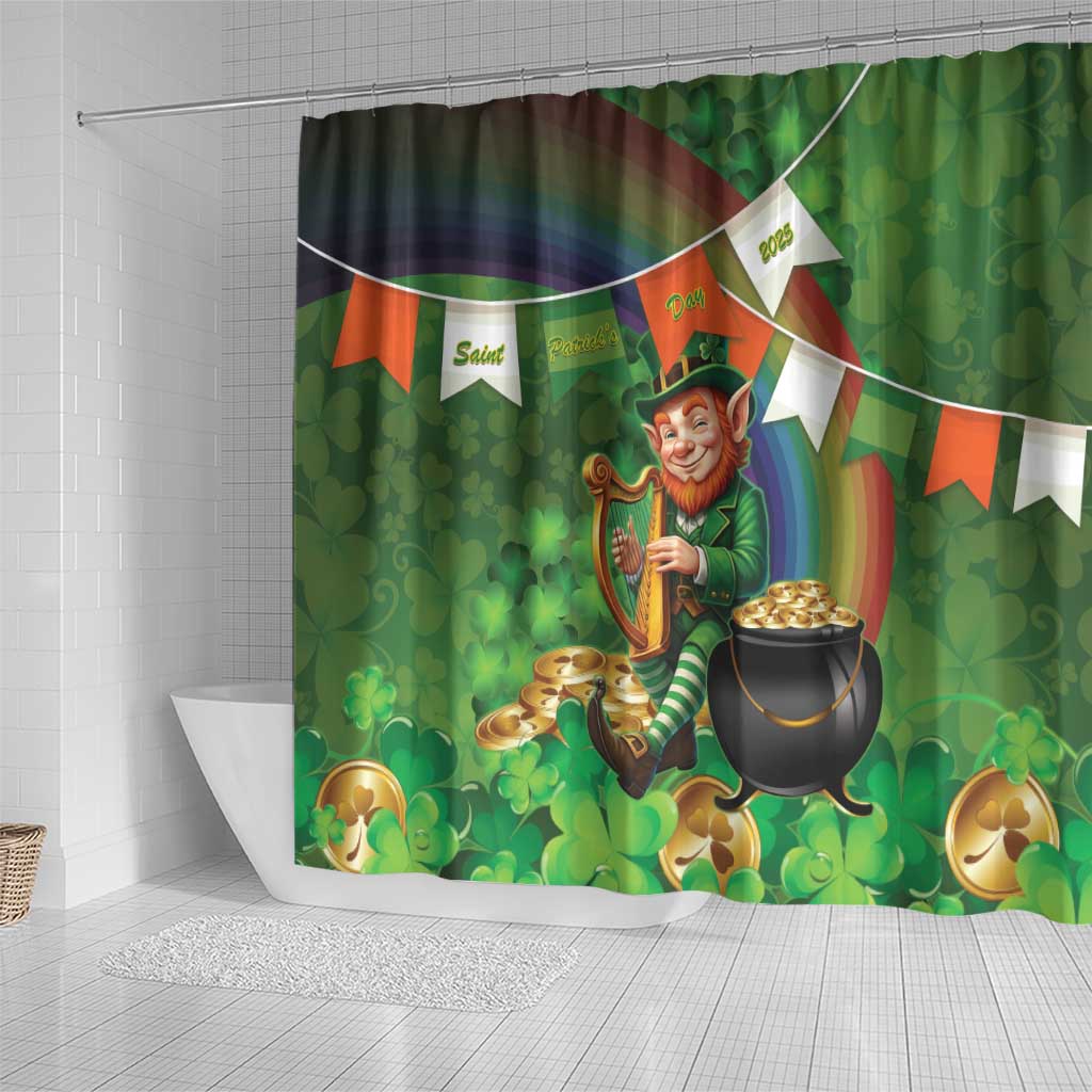 Happy Saint Patrick's Day Shower Curtain Leprechaun With Irish Harp - Shamrock Pattern LT14