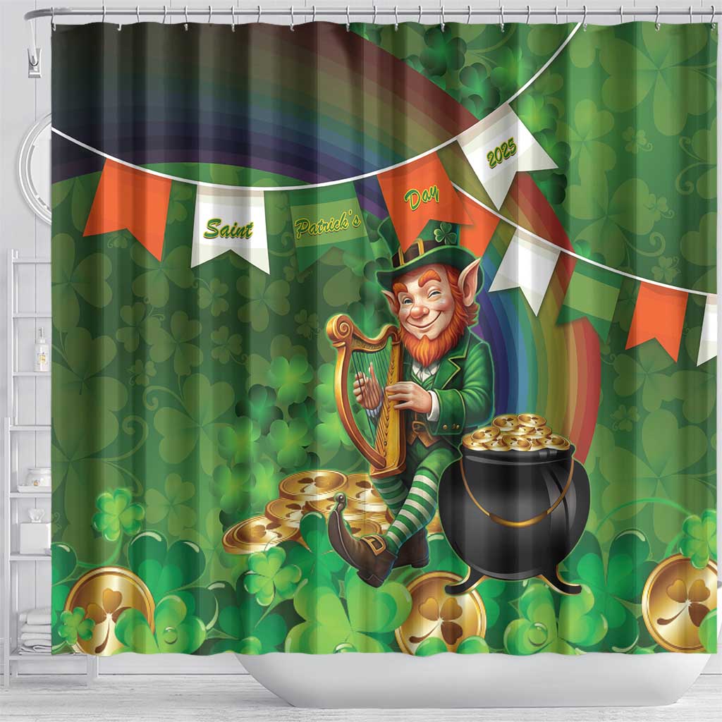 Happy Saint Patrick's Day Shower Curtain Leprechaun With Irish Harp - Shamrock Pattern LT14
