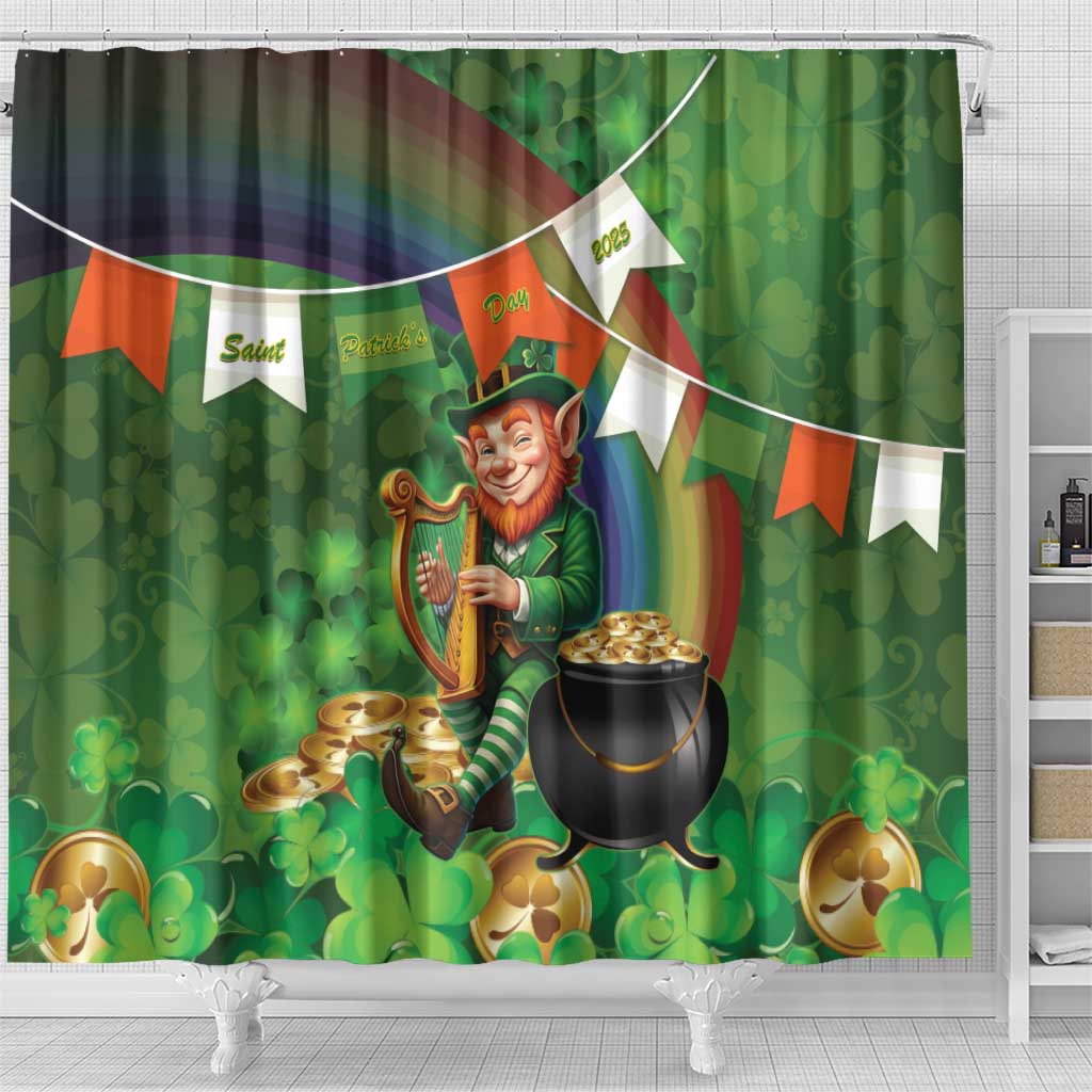 Happy Saint Patrick's Day Shower Curtain Leprechaun With Irish Harp - Shamrock Pattern LT14