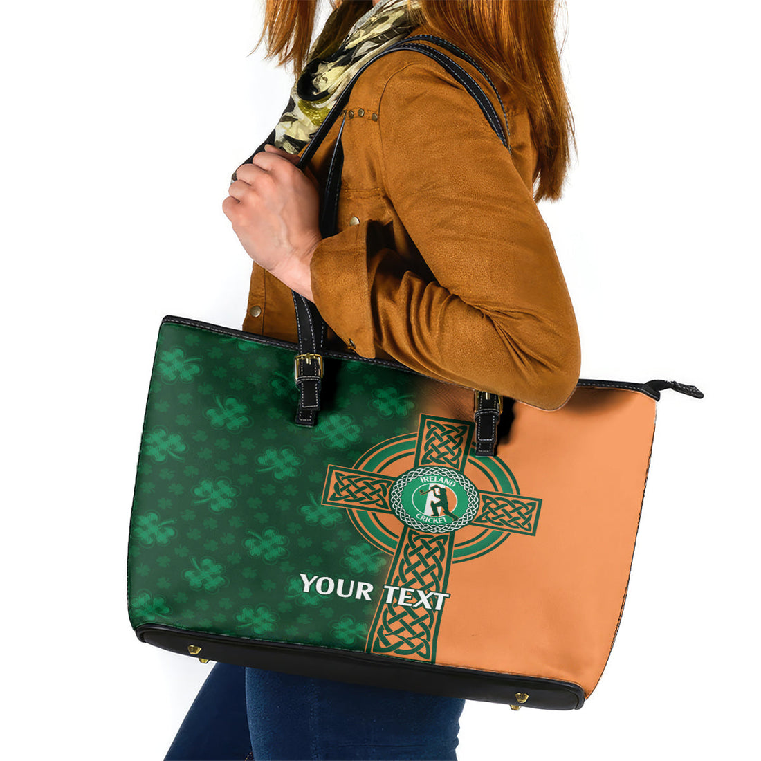 Custom Ireland Cricket Leather Tote Bag 2024 Celtic Shamrock Go Champions LT14