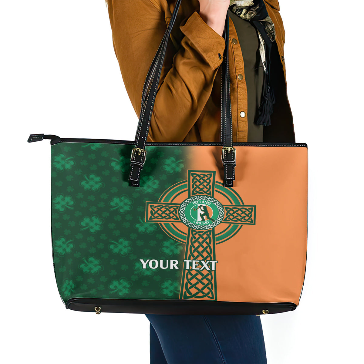 Custom Ireland Cricket Leather Tote Bag 2024 Celtic Shamrock Go Champions LT14