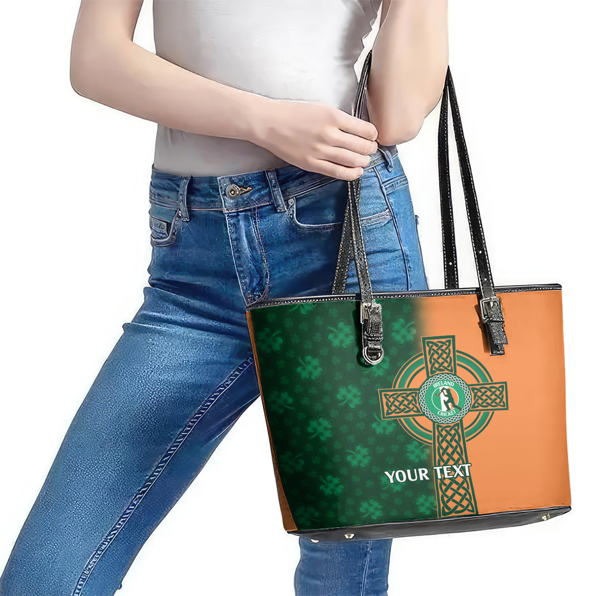 Custom Ireland Cricket Leather Tote Bag 2024 Celtic Shamrock Go Champions LT14