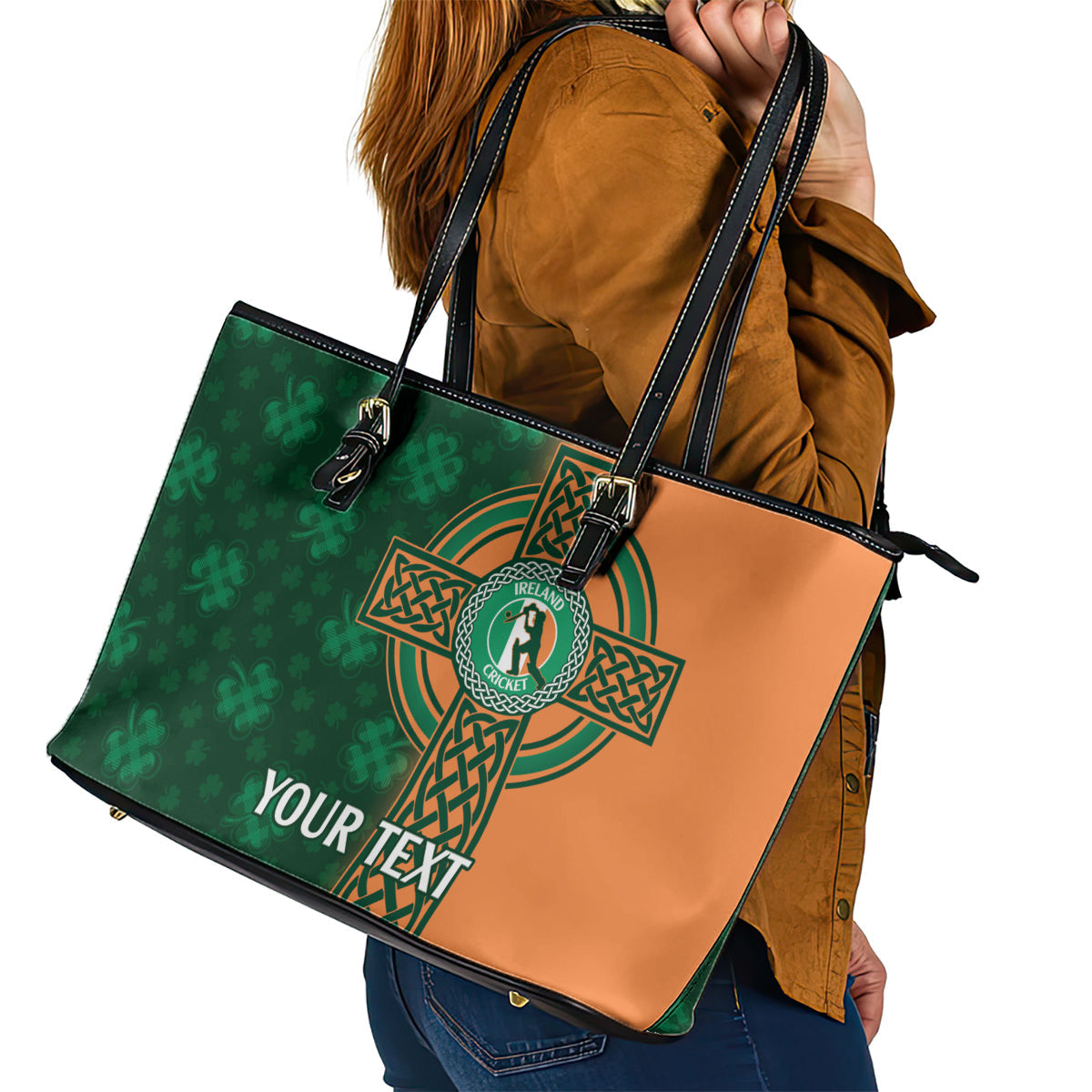 Custom Ireland Cricket Leather Tote Bag 2024 Celtic Shamrock Go Champions LT14